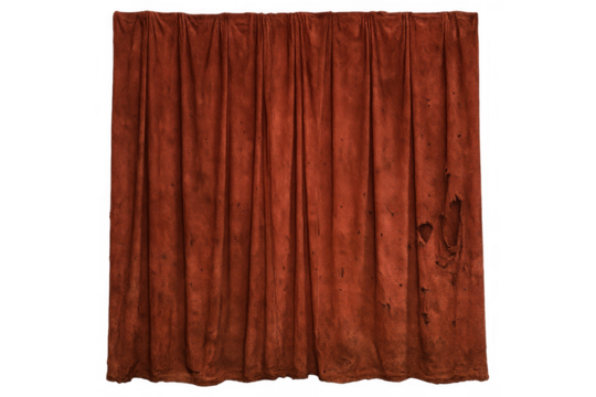 Grungy red curtain with torn fabric showcasing old theater atmosphere, stage backdrop, and horror theme, transparent background