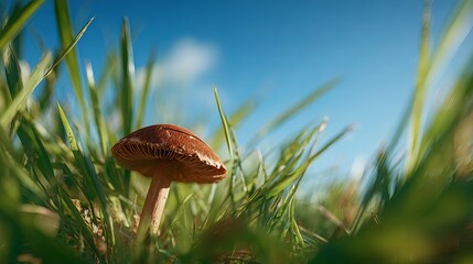 Enchanting mushroom nestled in lush green grass under a bright blue summer sky perfect for nature blogs, gardening, and food photography