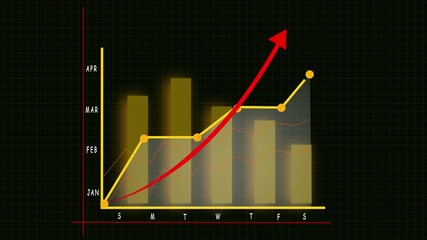 Business Growth Chart with Yellow Bars, Red Arrow, and Monthly Labels on Dark Grid. Dark grid financial chart showing yellow bar growth, red upward arrow, and monthly data labels. - Powered by Adobe