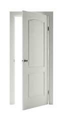 White interior door, partially open against a black background