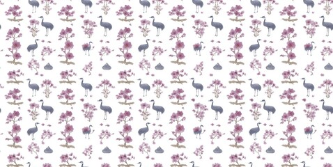 Seamless watercolor pattern with elegant cranes, bamboo, and plum blossoms, showcasing a serene and minimalistic Chinese ink style