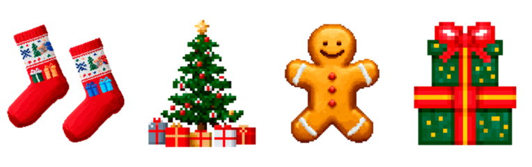 Festive christmas symbols with red stockings, decorated tree, gingerbread man, and wrapped gifts on transparent background