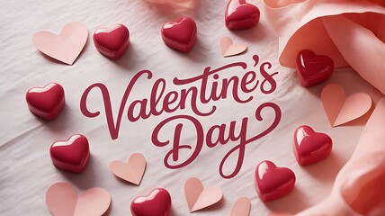 Valentine’s Day text in red cursive font with pink heart decorations