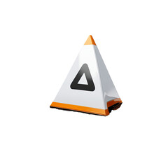 A geometric, modern, triangular shape with orange accents, on black backdrop