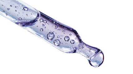 Dropper tip with liquid and bubbles against a black background