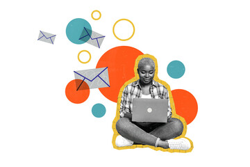 Composite photo collage of happy american girl type macbook device online correspondence letter notification isolated on painted background