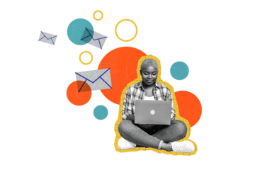 Composite photo collage of happy american girl type macbook device online correspondence letter notification isolated on painted background