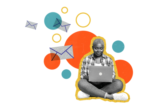 Composite photo collage of happy american girl type macbook device online correspondence letter notification isolated on painted background - Powered by Adobe