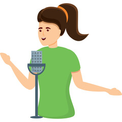 Cartoon Illustration Of A Woman With Brown Hair In A Ponytail Wearing A Green T Shirt Speaking Into A Microphone On A Transparent Background
