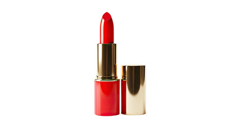 Vibrant red lipstick with golden case beauty product on transparent background