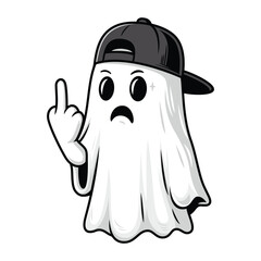 A funny and rebellious illustration of a cute ghost wearing a backward cap and flipping the middle finger. Ideal for streetwear, stickers, or Halloween-themed designs