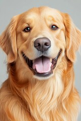 Obraz premium Charming Golden Retriever Portrait with Expressive Eyes Against a Soft Gray Background for Stock Use