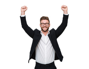  - a clear background. the young businessman is smiling while raising both hands up to show a victory sign. he has short hair and a beard, exuding