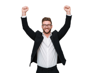 - a clear background. the young businessman is smiling while raising both hands up to show a victory sign. he has short hair and a beard, exuding