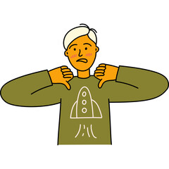 Young Person With Orange Skin And Blond Hair Giving Thumbs Down Gesture In A Green Long Sleeve Shirt With A White Rocket Ship Graphic On A Transparent Background