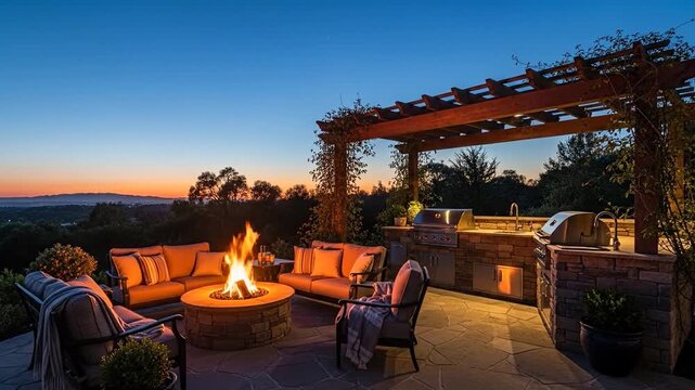 Twilight patio glows with fire pit, pergola, and outdoor kitchen ambiance