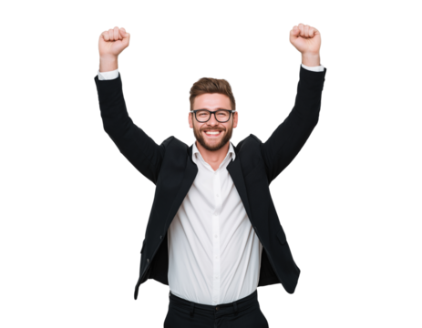  - a clear background. the young businessman is smiling while raising both hands up to show a victory sign. he has short hair and a beard, exuding - Powered by Adobe