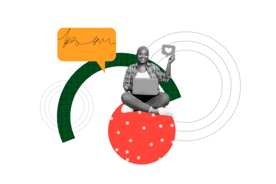 Creative collage picture young woman laptop digital device remote work blogger like notification textbox feedback social media