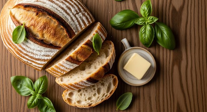 Overhead view of a rustic sourdough loaf, sliced with fresh basil leaves and a small dish of butter, presented on a warm wooden table, evoking a sense of comfort and culinary delight - Powered by Adobe