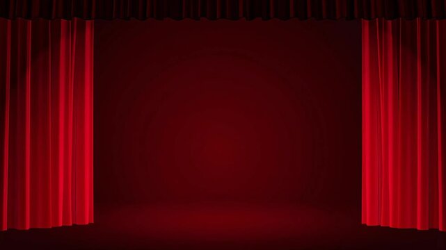 Red curtain rising revealing stage lighting