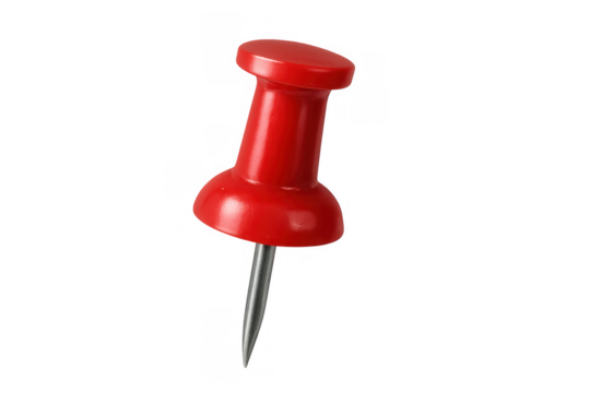 Red push pin holding concepts of organization, communication, and important reminders with transparent background