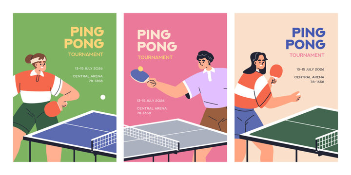 Ping pong posters set. Table tennis tournament, championship, promotion flyer design, invite card, game advertising. Sports event banner templates with players, rackets. Flat vector illustrations - Powered by Adobe