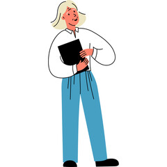 Young Woman In White Blouse And Blue Pants Holding A Black Folder Standing Against A White Background