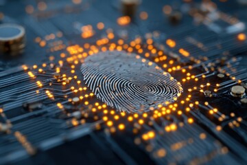 Fingerprint Connected to Computer Chip: Abstract Digital Identity Concept with Glowing Circuits