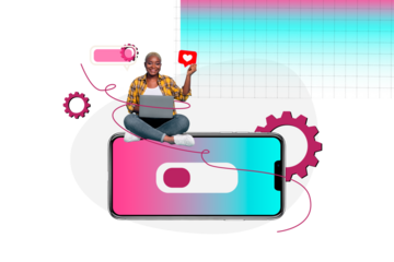 Composite photo collage of happy american girl sit phone screen like notification laptop social media gears isolated on painted background