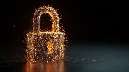 3D Rendered Glowing Security Padlock Made of Particles on Dark Background with Copy Space