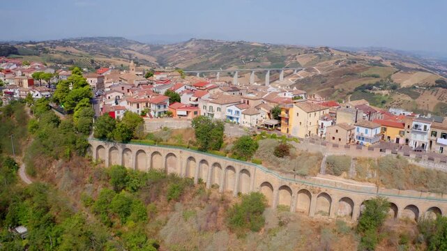 4k drone flight point of view (Ultra High Definition) of Silvi Paese town, Italy, Europe. Stunning morning scene of Italian countryside. Traveling concept background.