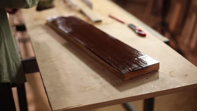 A person is painting a wooden board with a brown color