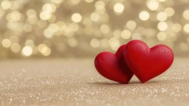 Two charming red wooden hearts resting on a shimmering golden background, perfect for romantic celebrations and heartfelt messages