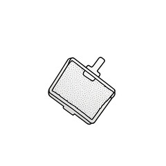 Black background with a white, outlined, stylized tech device