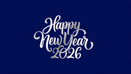 Happy New Year 2026 silver calligraphy on dark blue background celebration