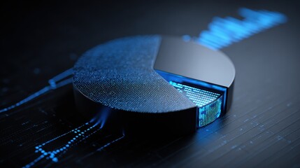 Illuminated 3D Pie Chart on Black Background with Financial Data Graph, Flat Lay Perspective