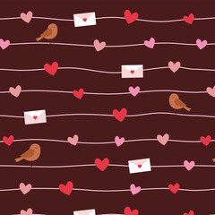 Valentine Heart Letter and Bird on Line Pattern with Romantic Pink and Red Motifs on Dark Background for Cute Love Decoration and Holiday Design