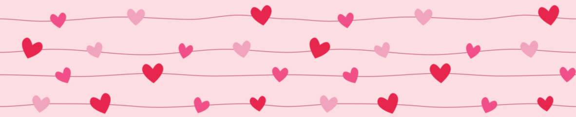 Valentine Heart on Line Horizontal Banner with Cute Pink and Red Love Pattern for Romantic Decoration and Festive Design