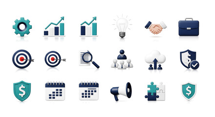Collection of glowing neon digital technology and finance icons representing data analysis security and growth isolated on transparent background