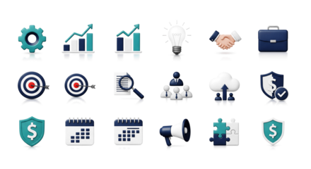 Collection of glowing neon digital technology and finance icons representing data analysis security and growth isolated on transparent background