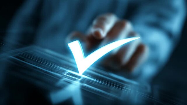 Person presses a glowing checkmark icon on a touchscreen device in blue hues