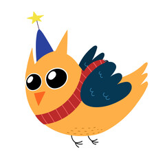 Cute flying owl in a Christmas hat and scarf. Adorable winter owl in cartoon style for kids. Vector illustration