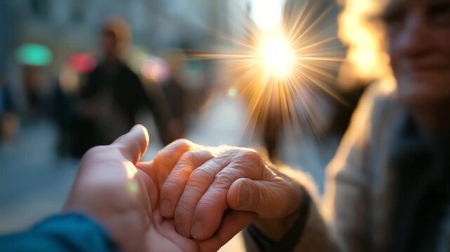 Stranger helping elderly person cross the street, urban background, sunlight flare, kindness and humanity, empathy in action, social care, good deed moment, public connection, comp