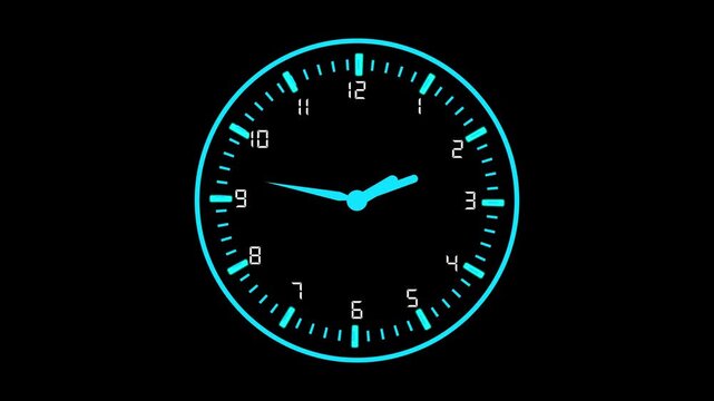 Minimalist Cyan Neon Clock Face Outline with Tick Marks on Black time. Minimalist clock design in cyan neon with tick marks on black, futuristic time digital visual.