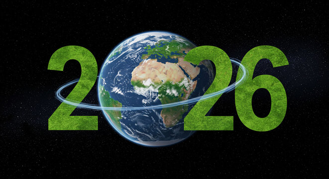 green 2026 numbers with earth planet and space background eco future concept