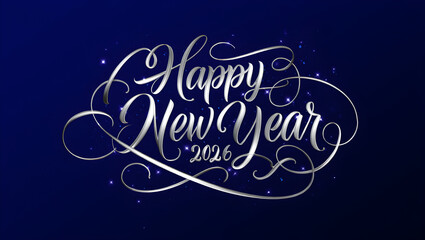 Silver Calligraphy Happy New Year 2026 Text on Dark Blue Background image