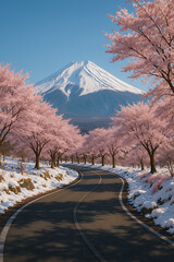 Mount Fuji Japan View, Sakura Cherry Blossoms, Winding Road, Spring Snow Landscape