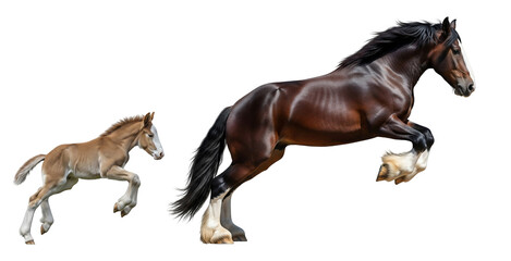 Fototapeta premium An adult Appaloosa horse leaps gracefully while a foal playfully runs alongside. Their strong bond and agility are evident in this energetic moment of joy.