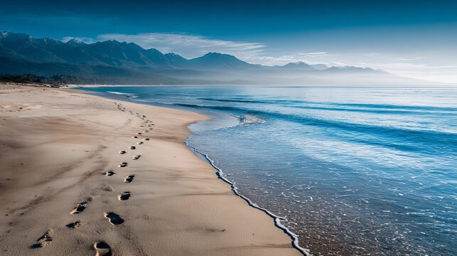 Serene beach walk with footprints leading to majestic misty mountains and calm ocean waves under a clear blue sky
