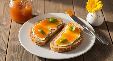 Two slices of whole grain bread spread with butter and topped with vibrant orange apricot jam and fresh green basil leaves, served on a white plate with a jar of jam and a flower